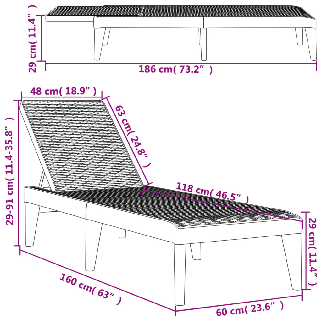 Ligbed 186x60x29 cm polypropeen