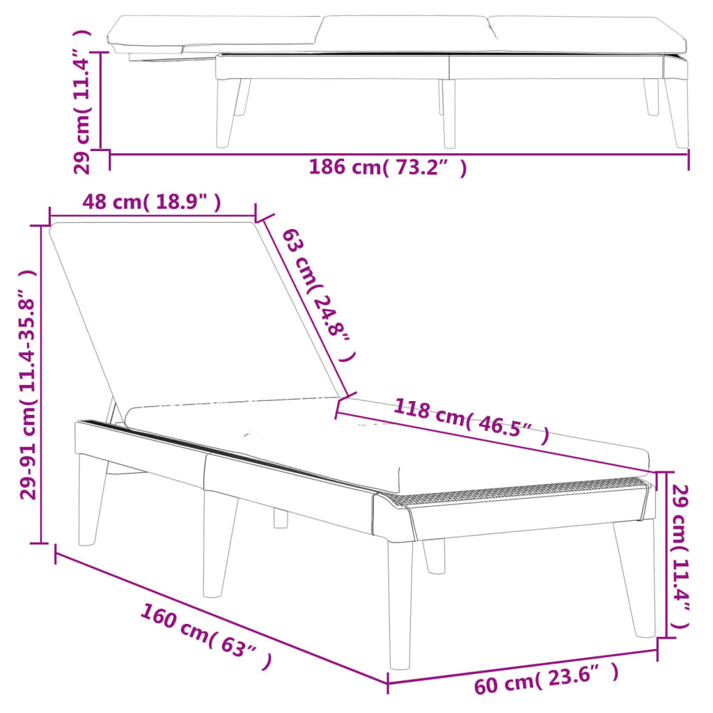 Ligbed met kussen 186x60x29 cm polypropeen antracietkleurig