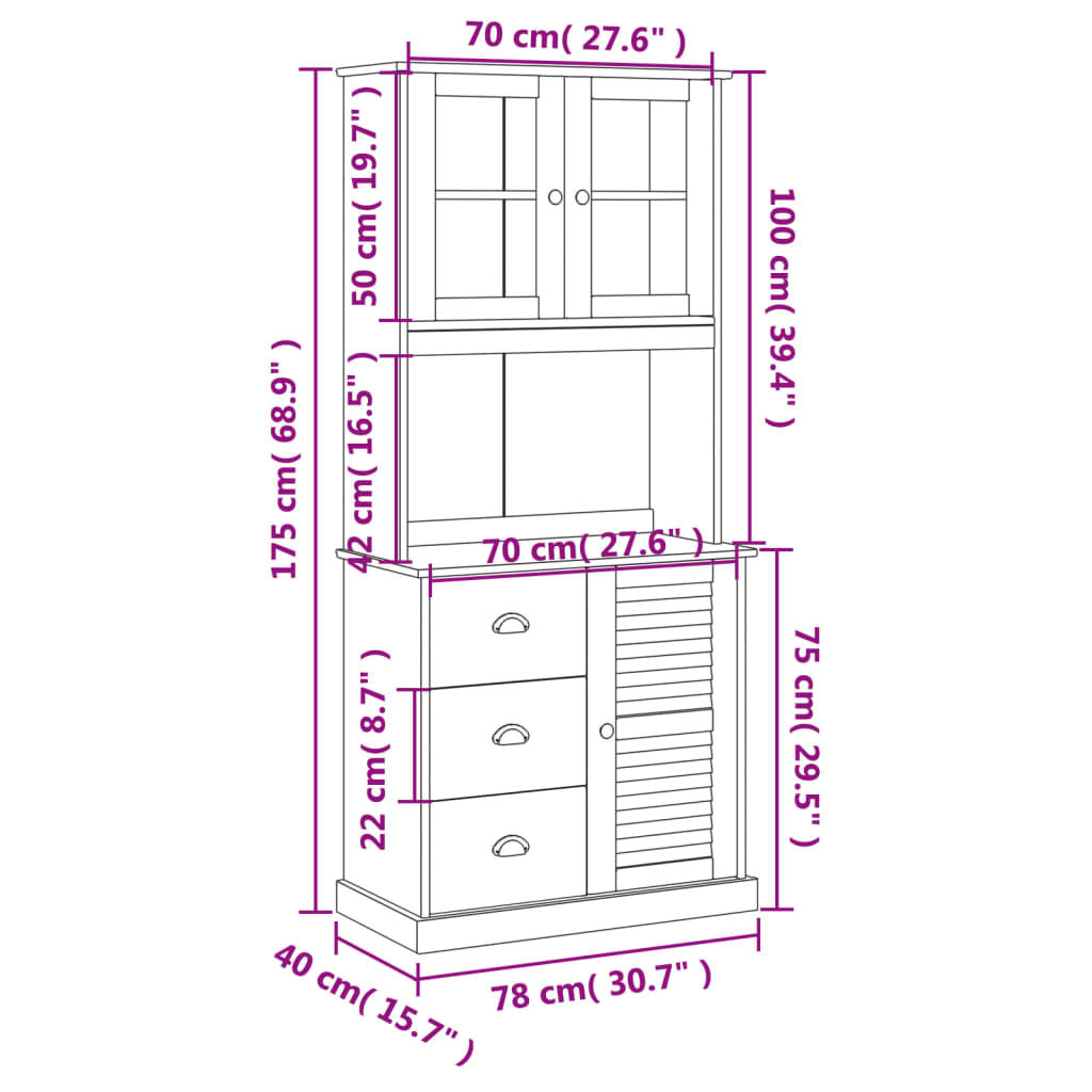 Hoge kast VIGO 78x40x175 cm massief grenenhout