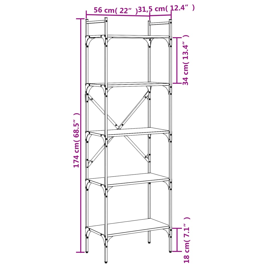 Boekenkast 5-laags 56x31,5x174 cm bewerkt hout