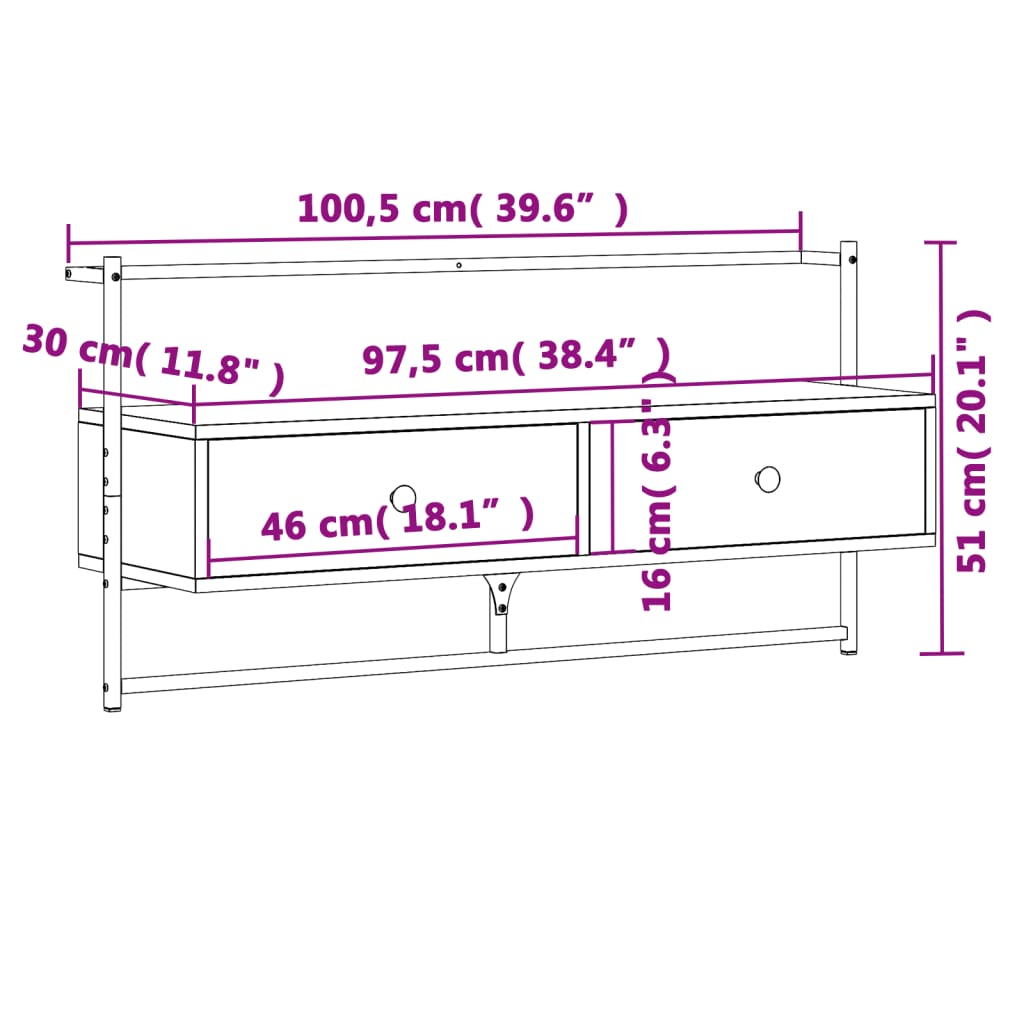 Tv-meubel wandgemonteerd 100,5x30x51 cm hout