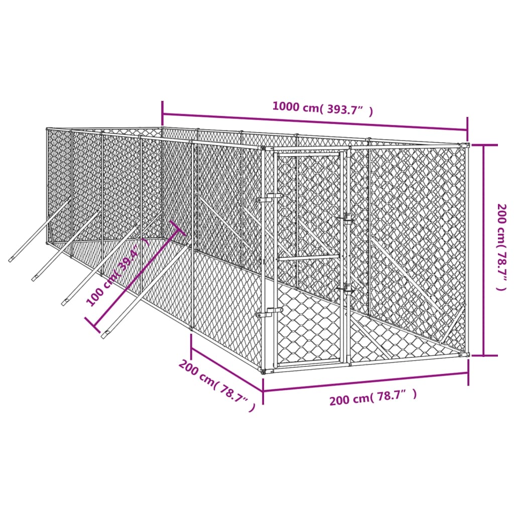 Hondenkennel voor buiten 4x16x2 m gegalvaniseerd staal zilver