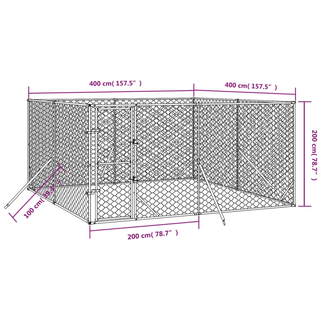 Hondenkennel voor buiten 4x16x2 m gegalvaniseerd staal zilver