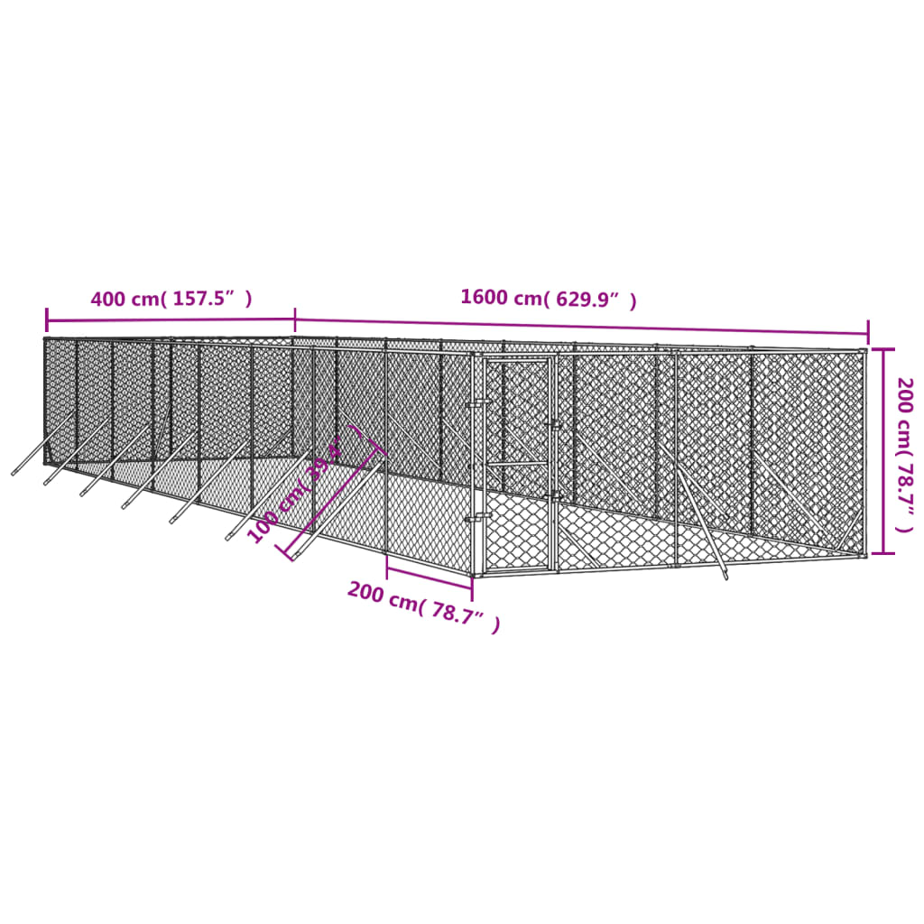 Hondenkennel voor buiten 4x16x2 m gegalvaniseerd staal zilver