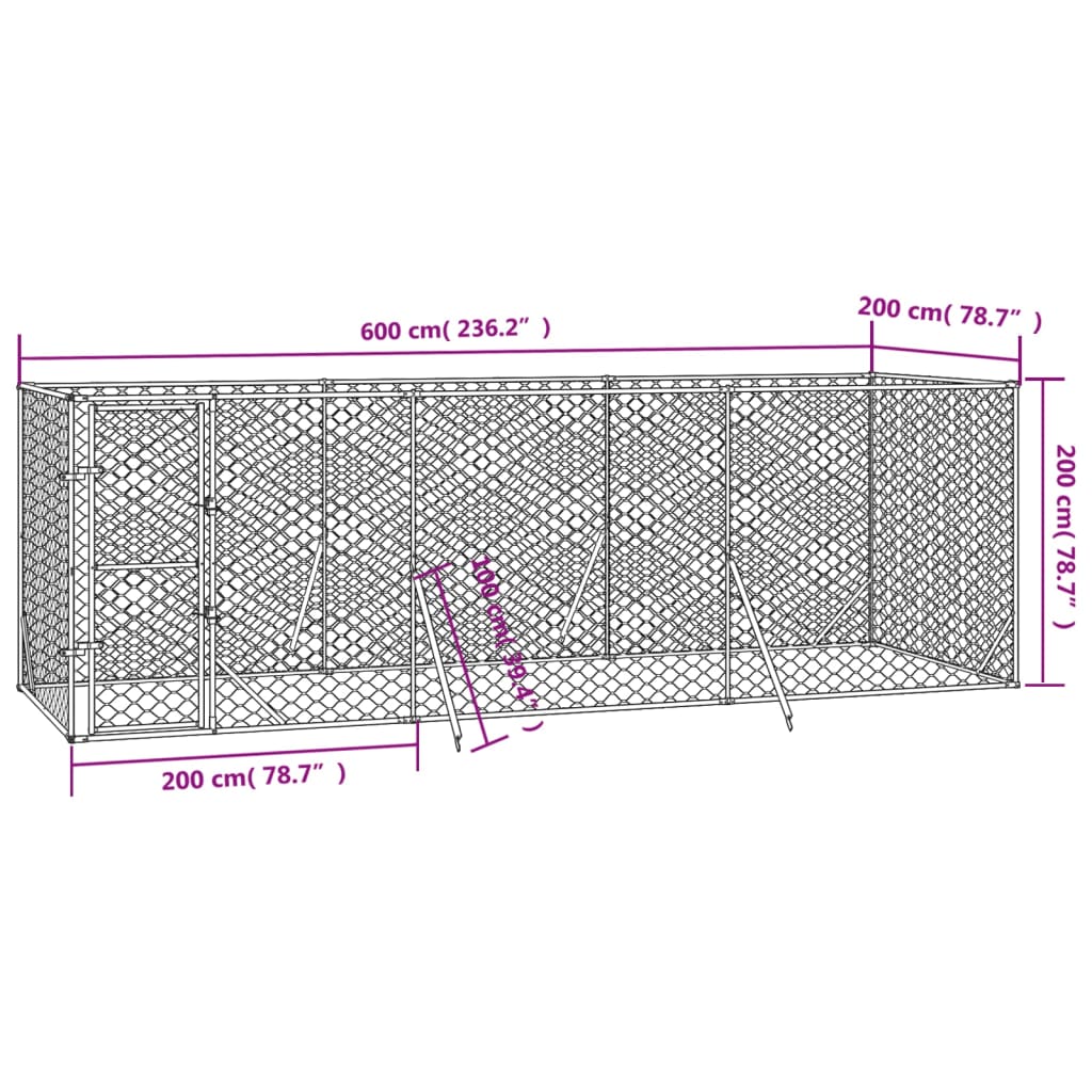 Hondenkennel voor buiten 4x16x2 m gegalvaniseerd staal zilver