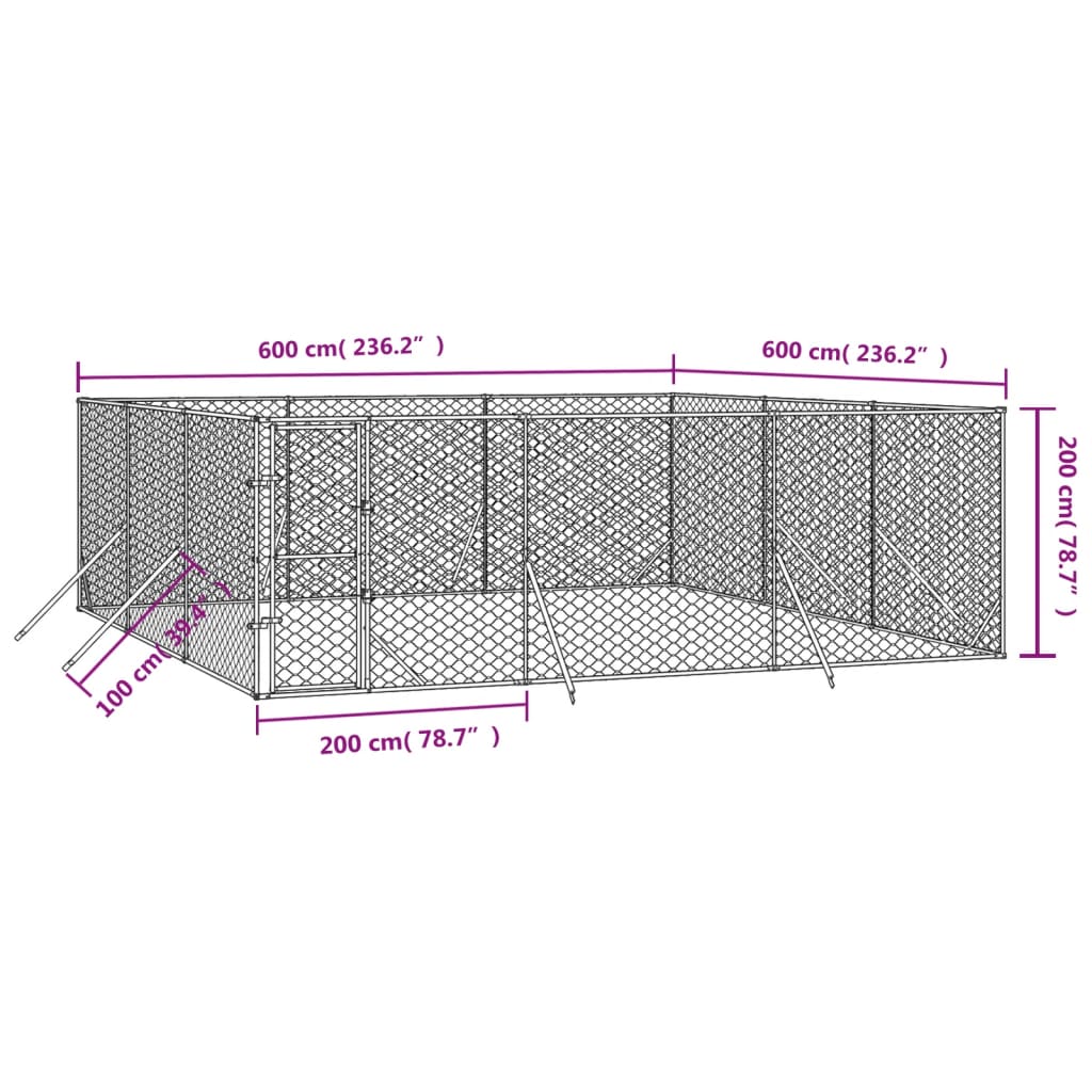 Hondenkennel voor buiten 4x16x2 m gegalvaniseerd staal zilver