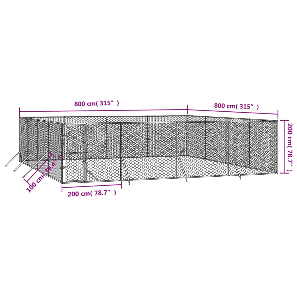 Hondenkennel voor buiten 4x16x2 m gegalvaniseerd staal zilver