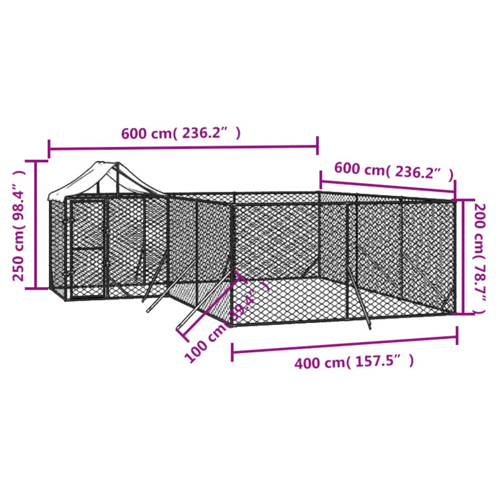 Hondenkennel met dak 10x6x2,5 m gegalvaniseerd staal zilver