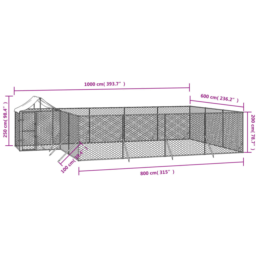 Hondenkennel met dak 10x6x2,5 m gegalvaniseerd staal zilver