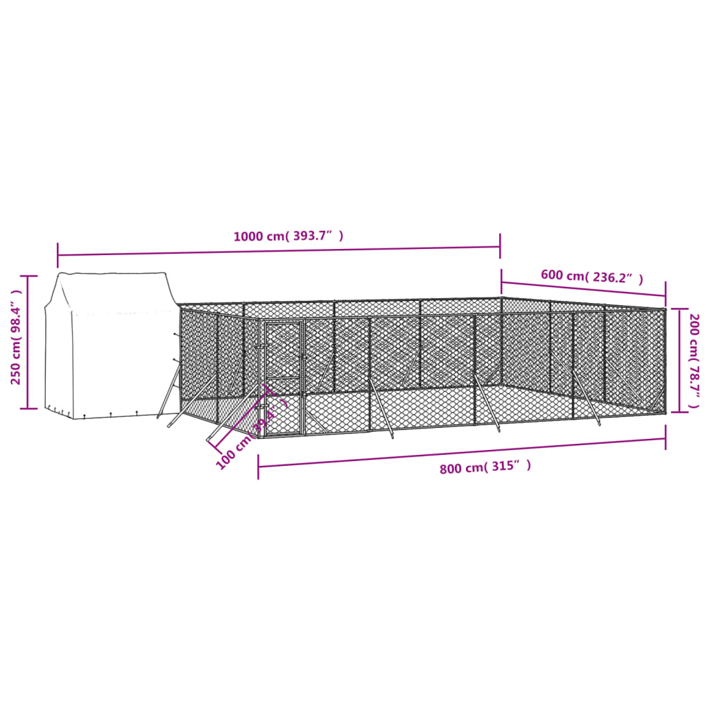 Hondenkennel met dak 10x6x2,5 m gegalvaniseerd staal zilver