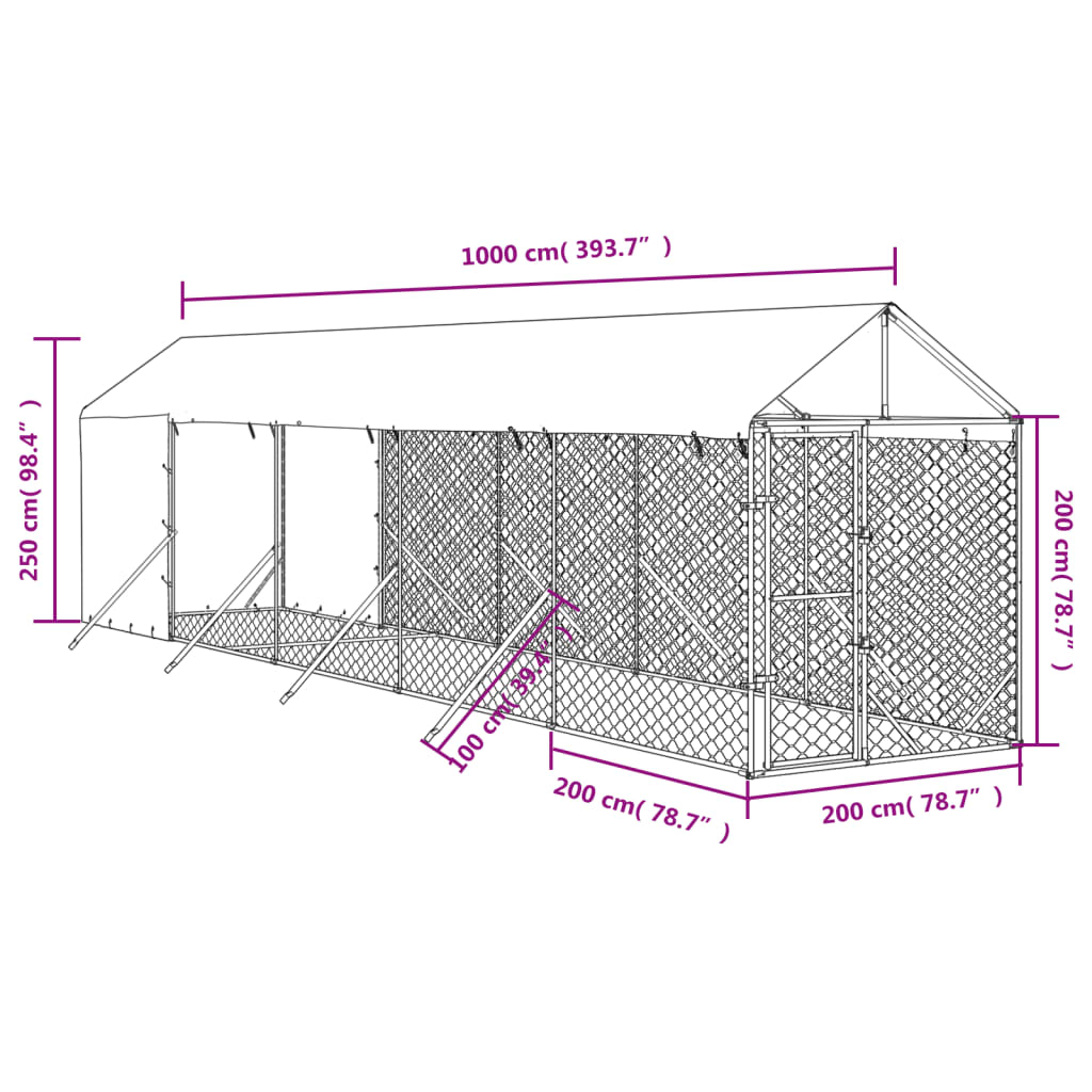 Hondenkennel met dak 2x14x2,5 m gegalvaniseerd staal zilver