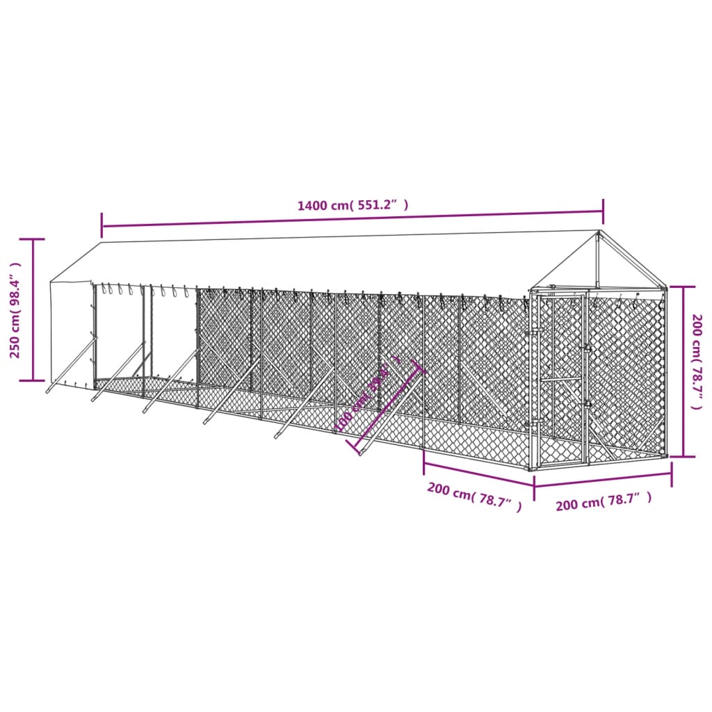 Hondenkennel met dak 2x14x2,5 m gegalvaniseerd staal zilver