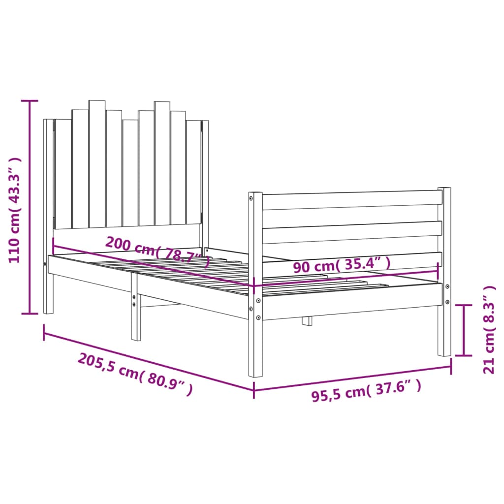 Bedframe met hoofdbord massief hout wit 100x200 cm