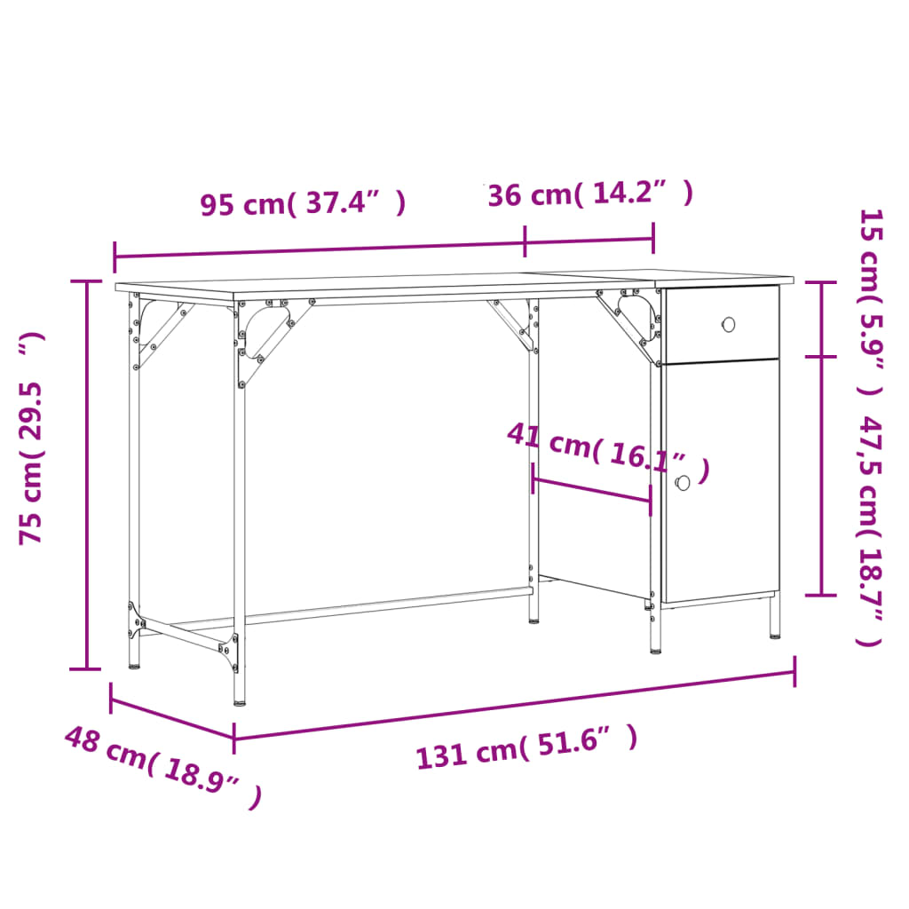 Bureau 131x48x75 cm bewerkt hout eikenkleurig