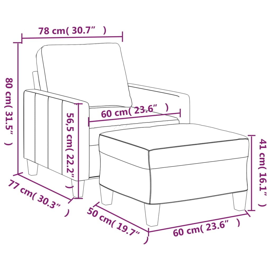 Fauteuil met voetenbank 60 cm kunstleer grijs