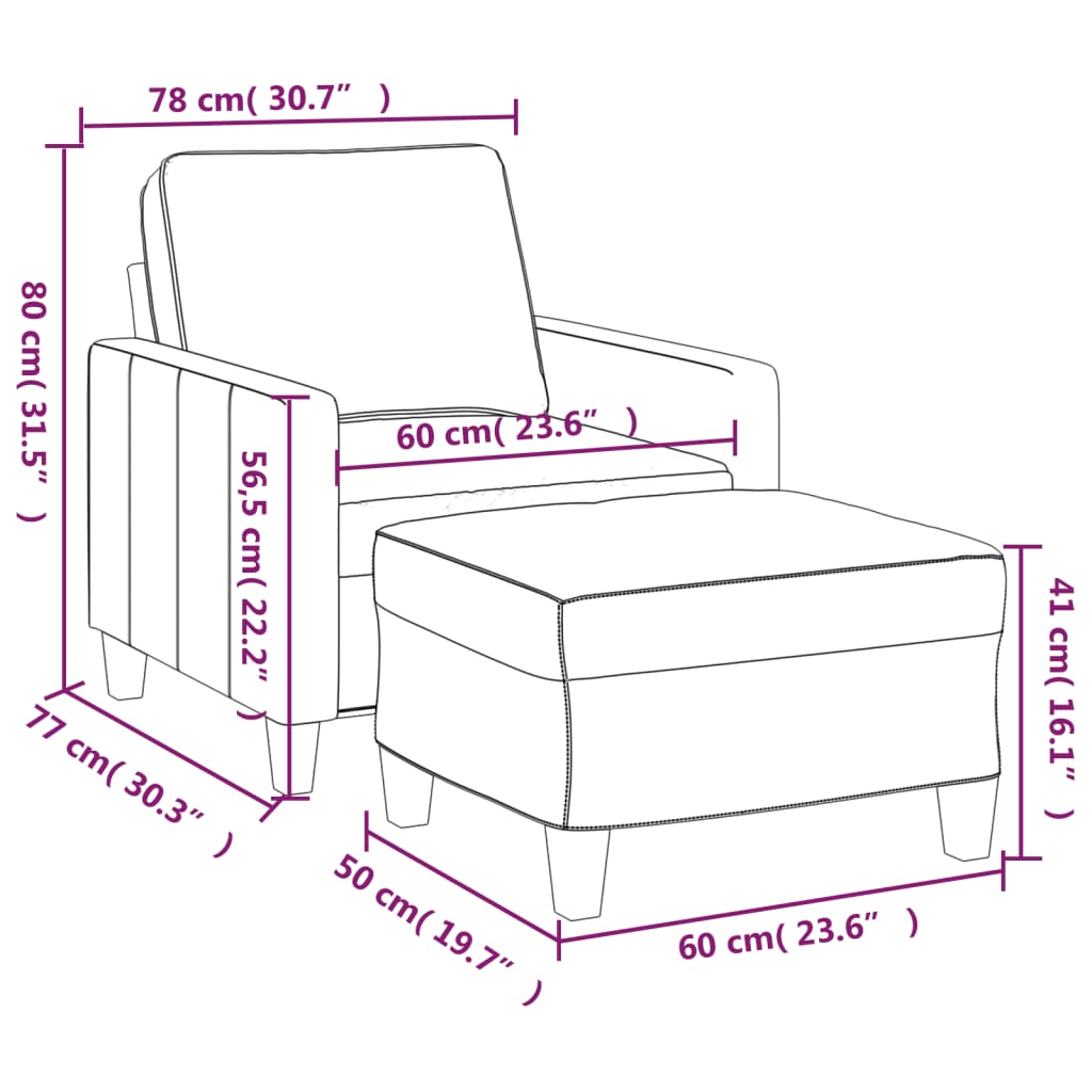 Fauteuil met voetenbank 60 cm stof lichtgrijs