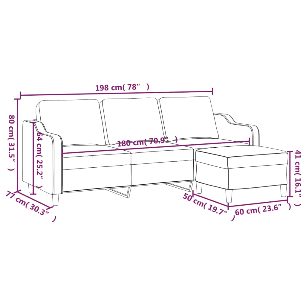 Driezitsbank met voetenbank 180 cm stof