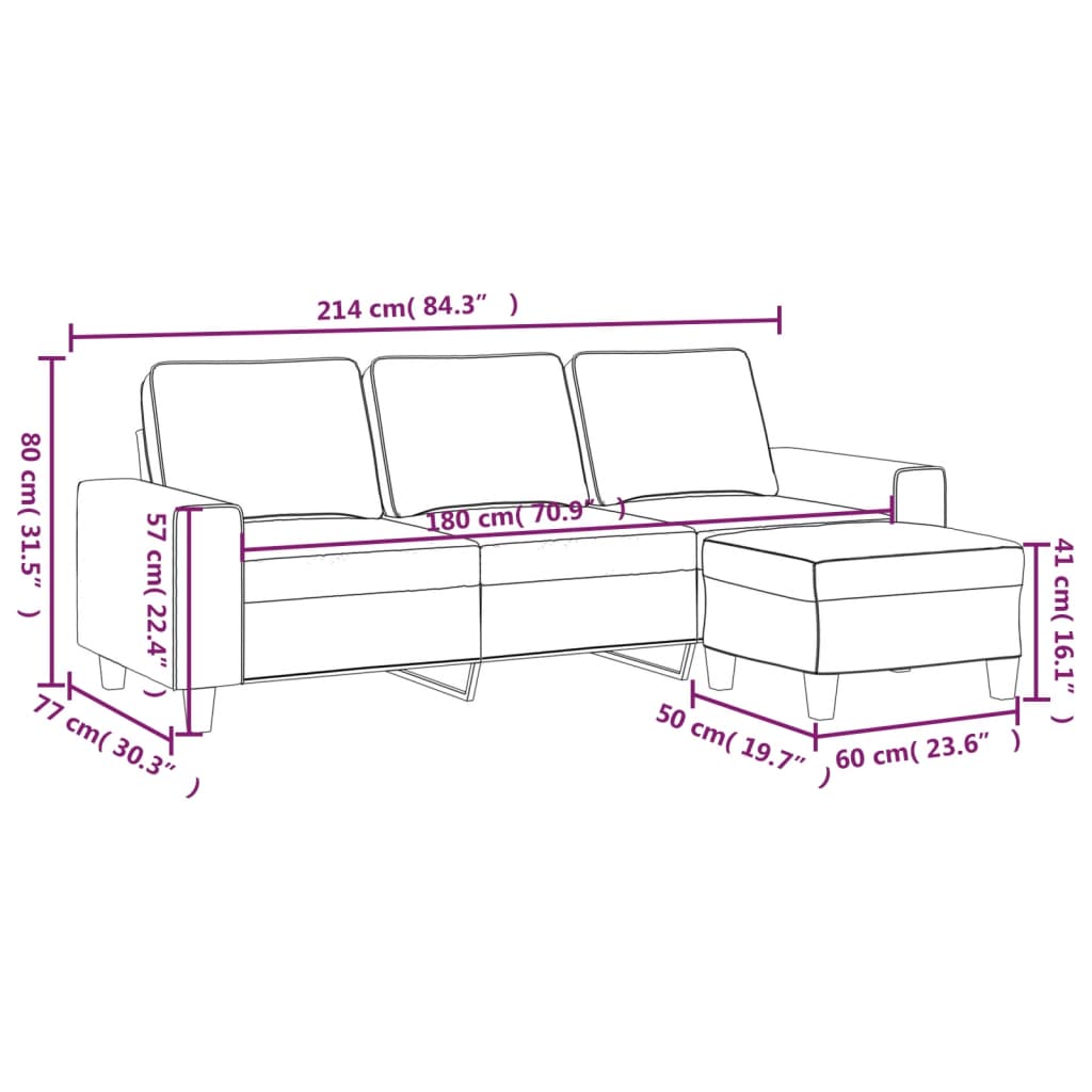 Driezitsbank met voetenbank 180 cm stof