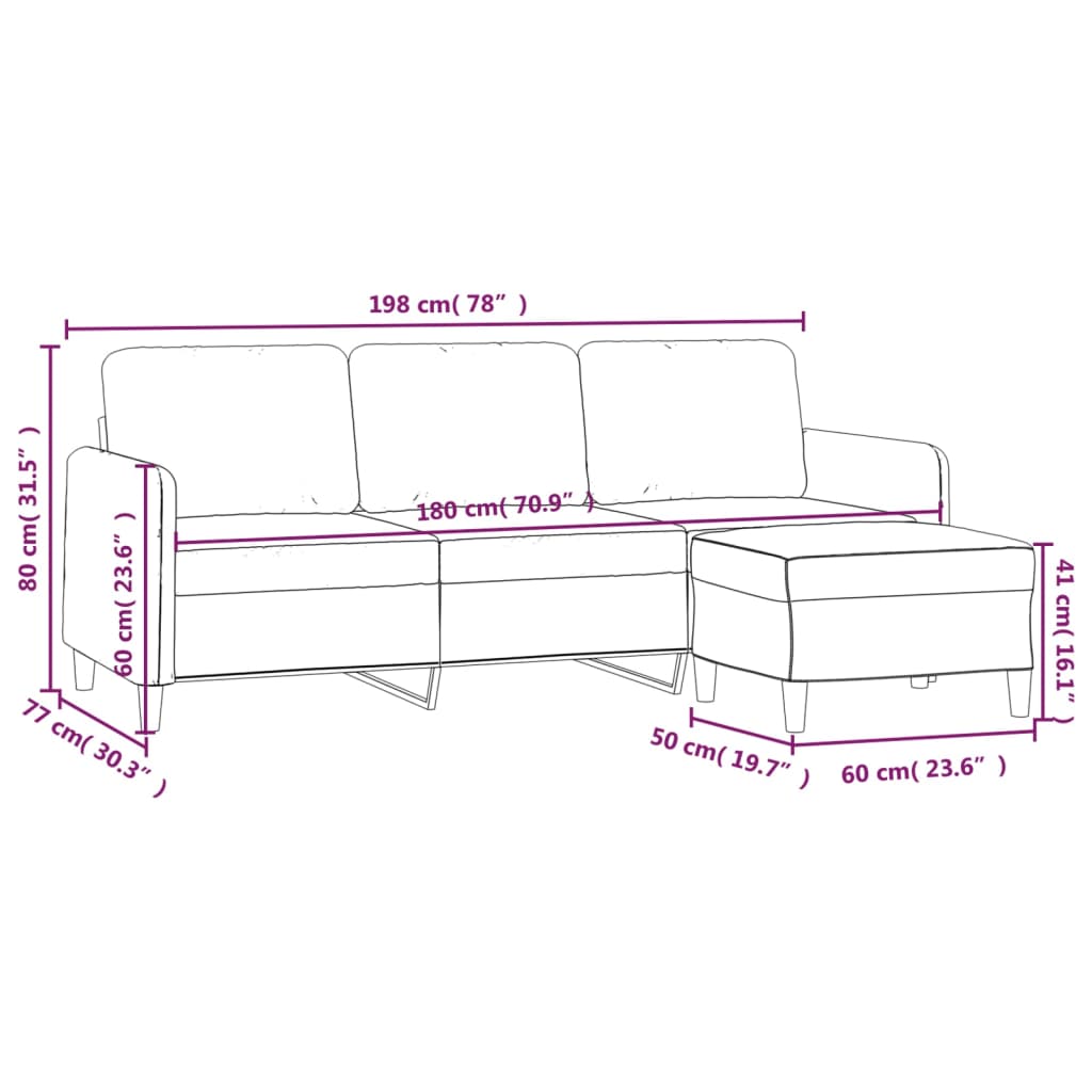 Driezitsbank met voetenbank 180 cm stof