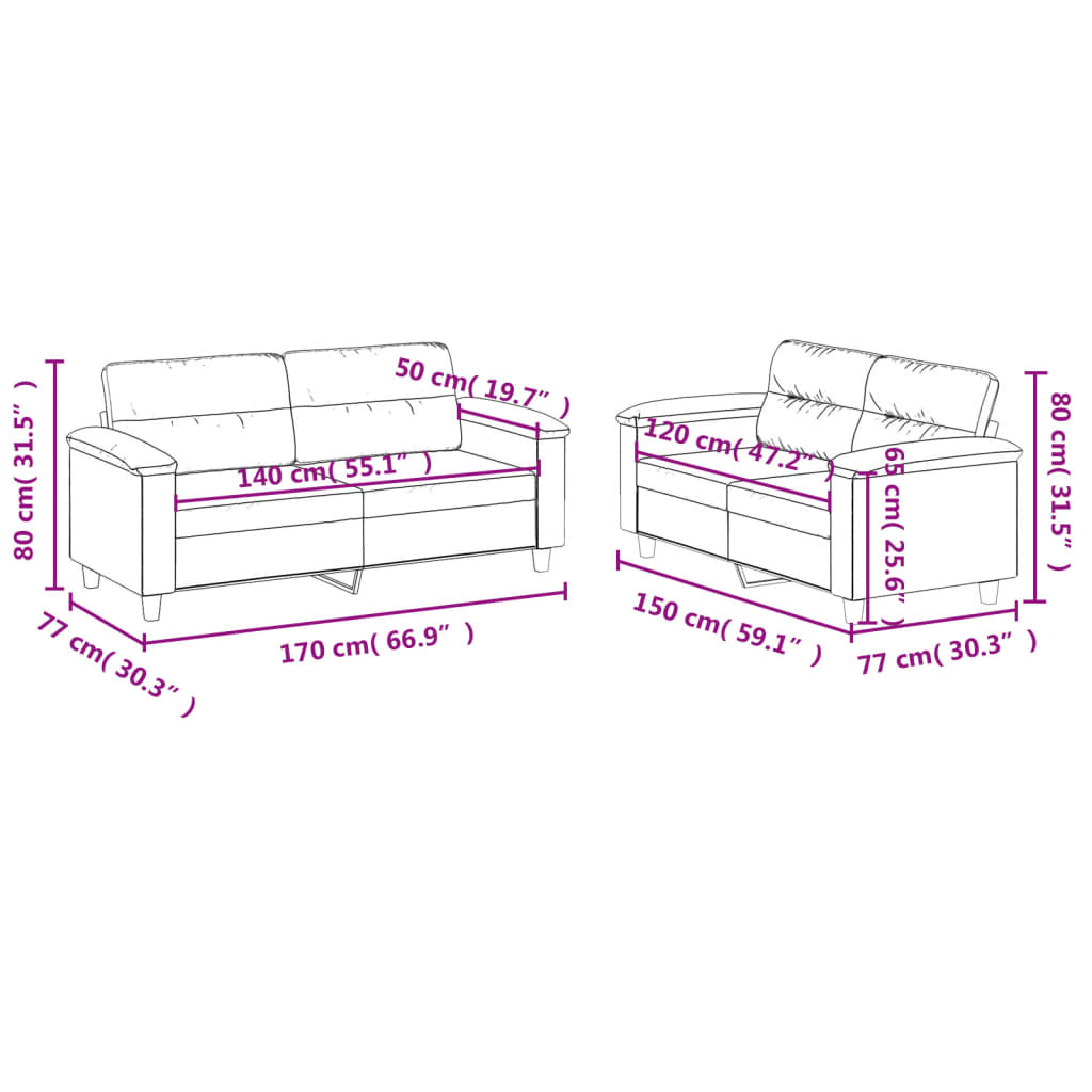 2-delige Loungeset met kussens microvezelstof crèmekleurig