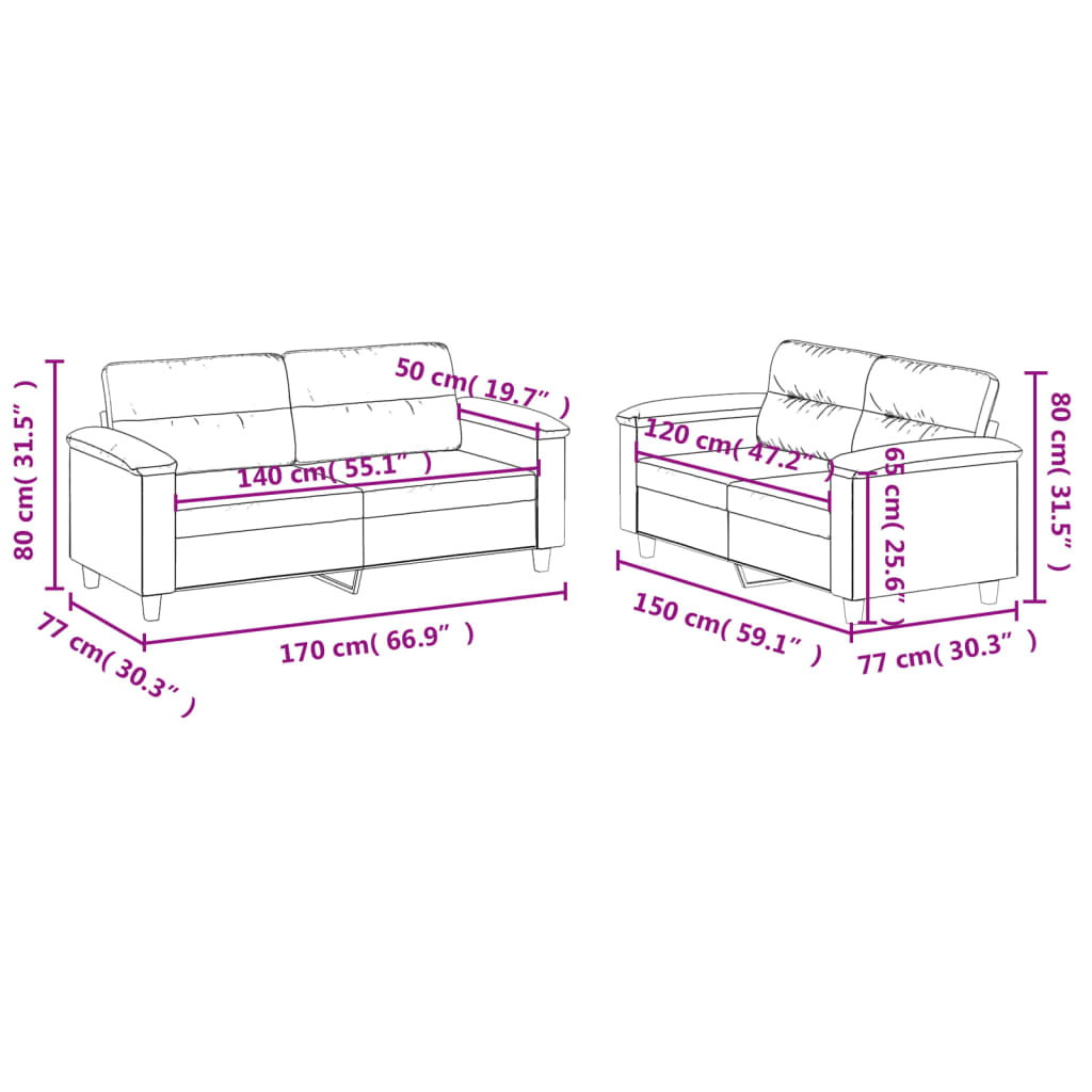 2-delige Loungeset met kussens microvezelstof crèmekleurig