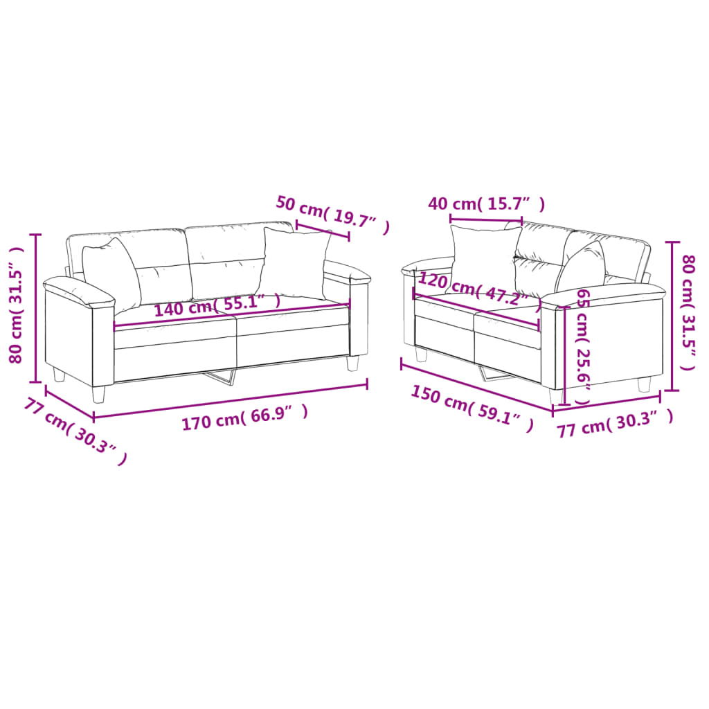 2-delige Loungeset met kussens microvezelstof crèmekleurig