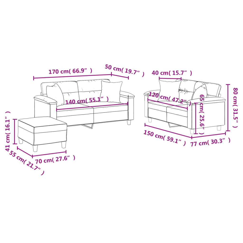 2-delige Loungeset met kussens microvezelstof crèmekleurig