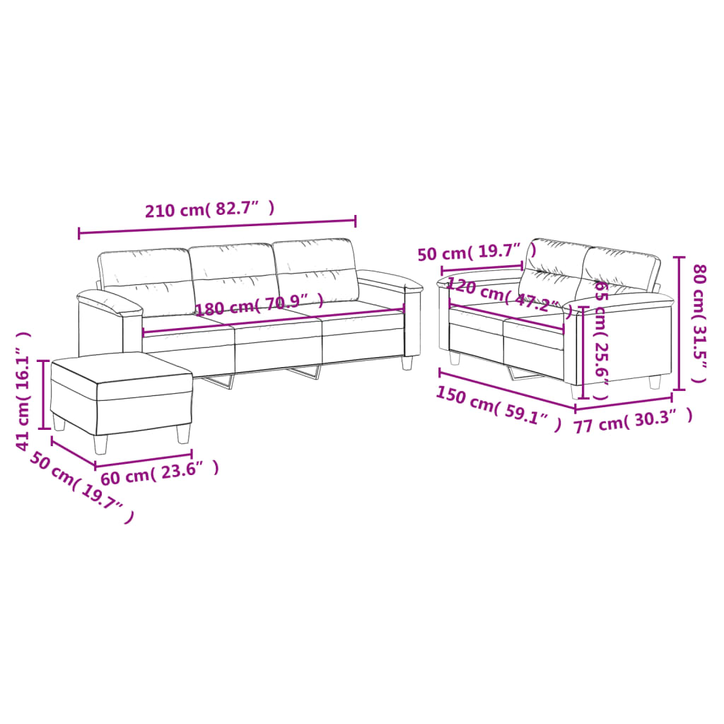 3-delige Loungeset met kussens microvezelstof lichtgrijs