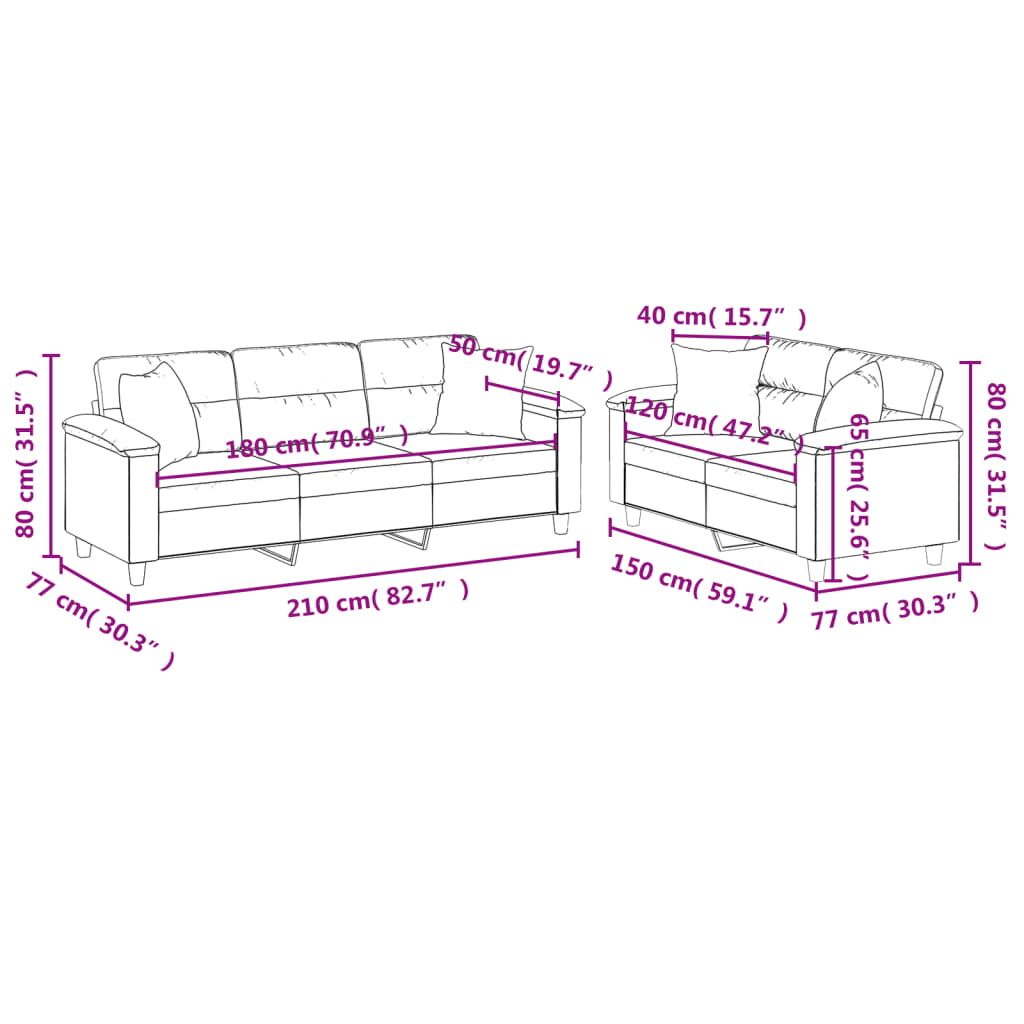 3-delige Loungeset met kussens microvezelstof lichtgrijs