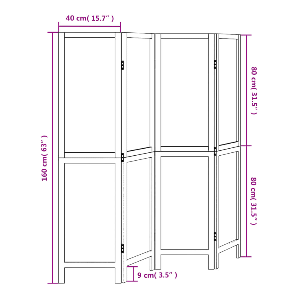 Kamerscherm met 5 panelen massief paulowniahout wit