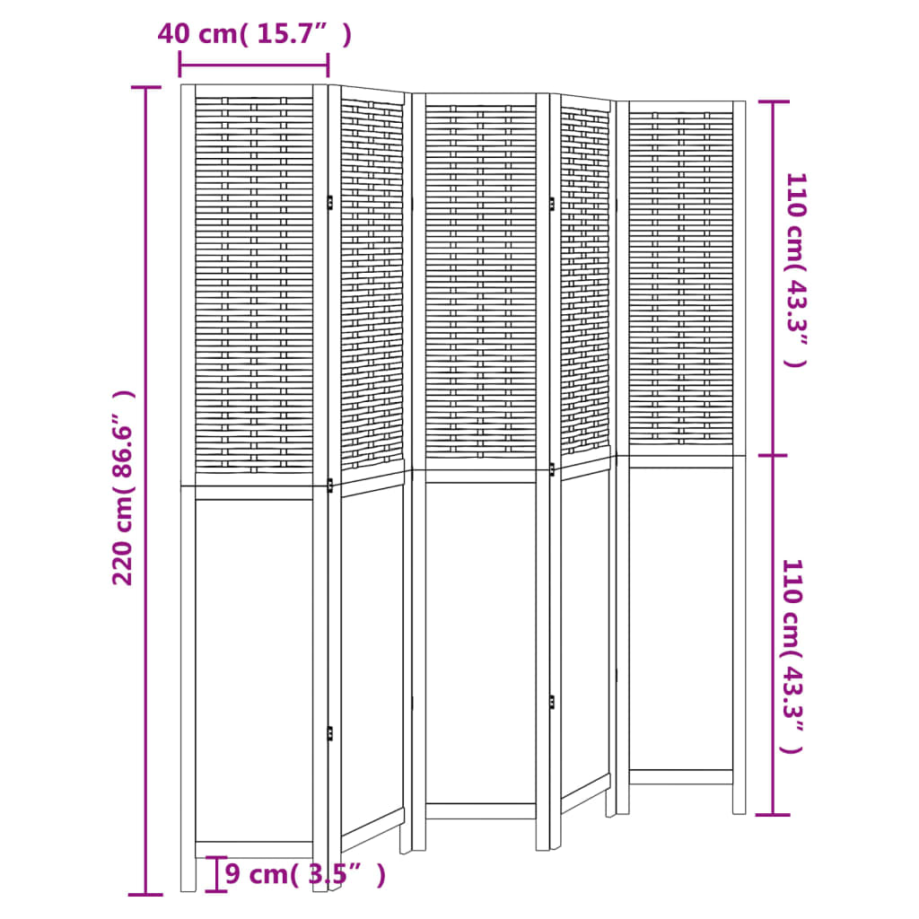 Kamerscherm met 6 panelen massief paulowniahout donkerbruin