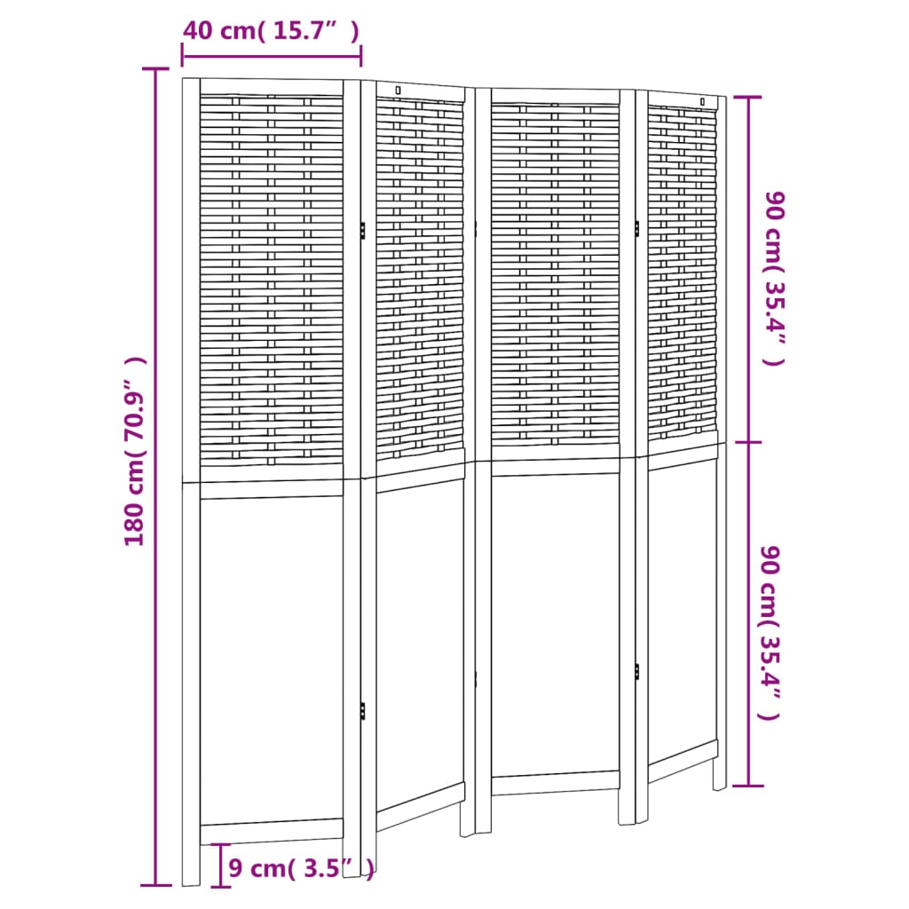 Kamerscherm met 4 panelen massief paulowniahout wit