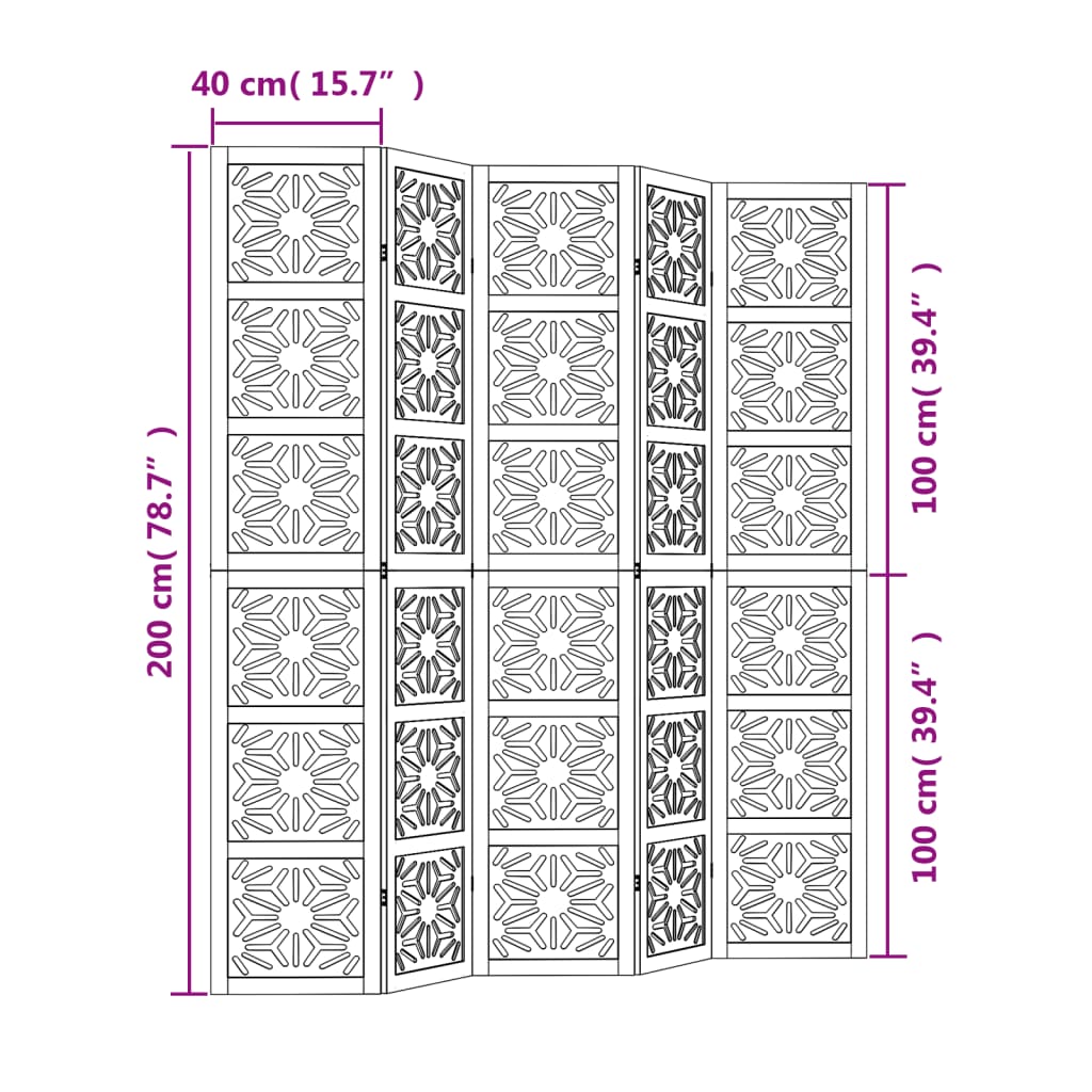 Kamerscherm met 5 panelen massief paulowniahout bruin en zwart