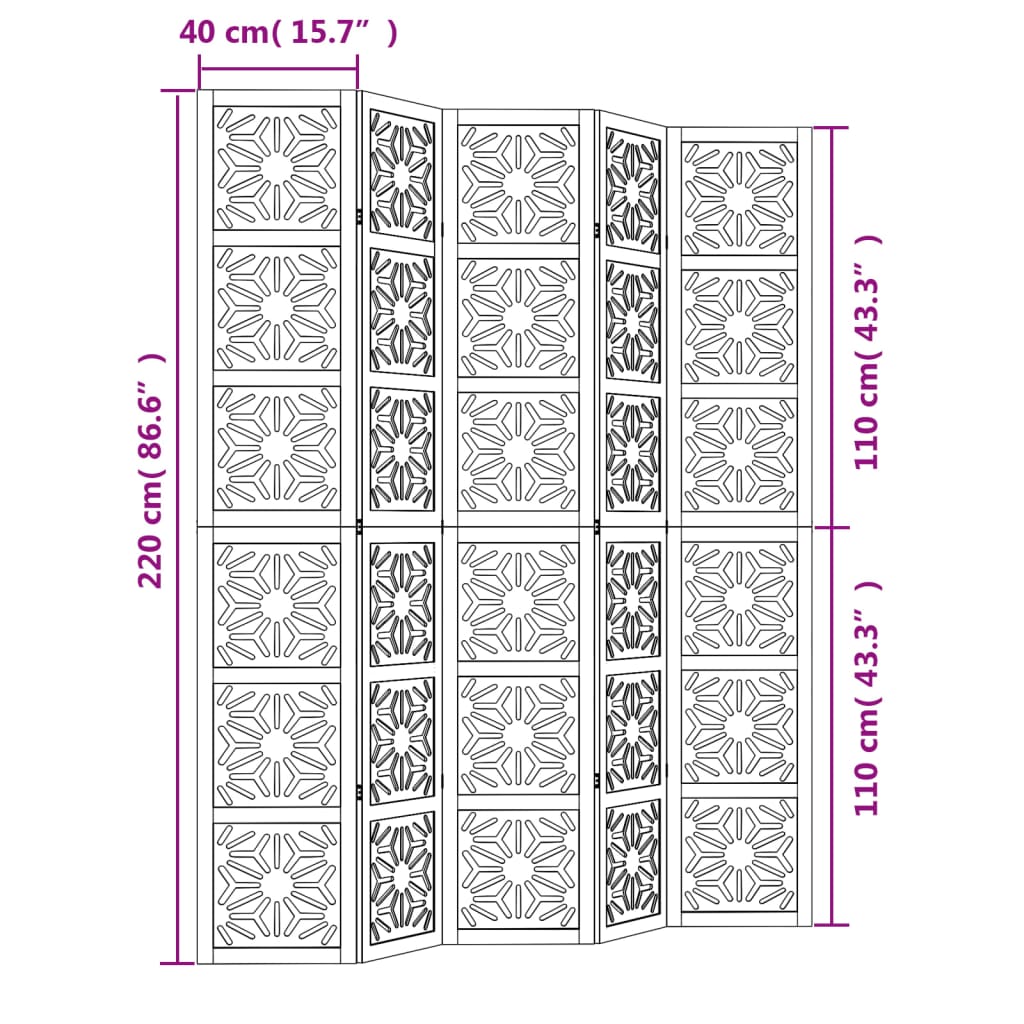 Kamerscherm met 5 panelen massief paulowniahout bruin en zwart