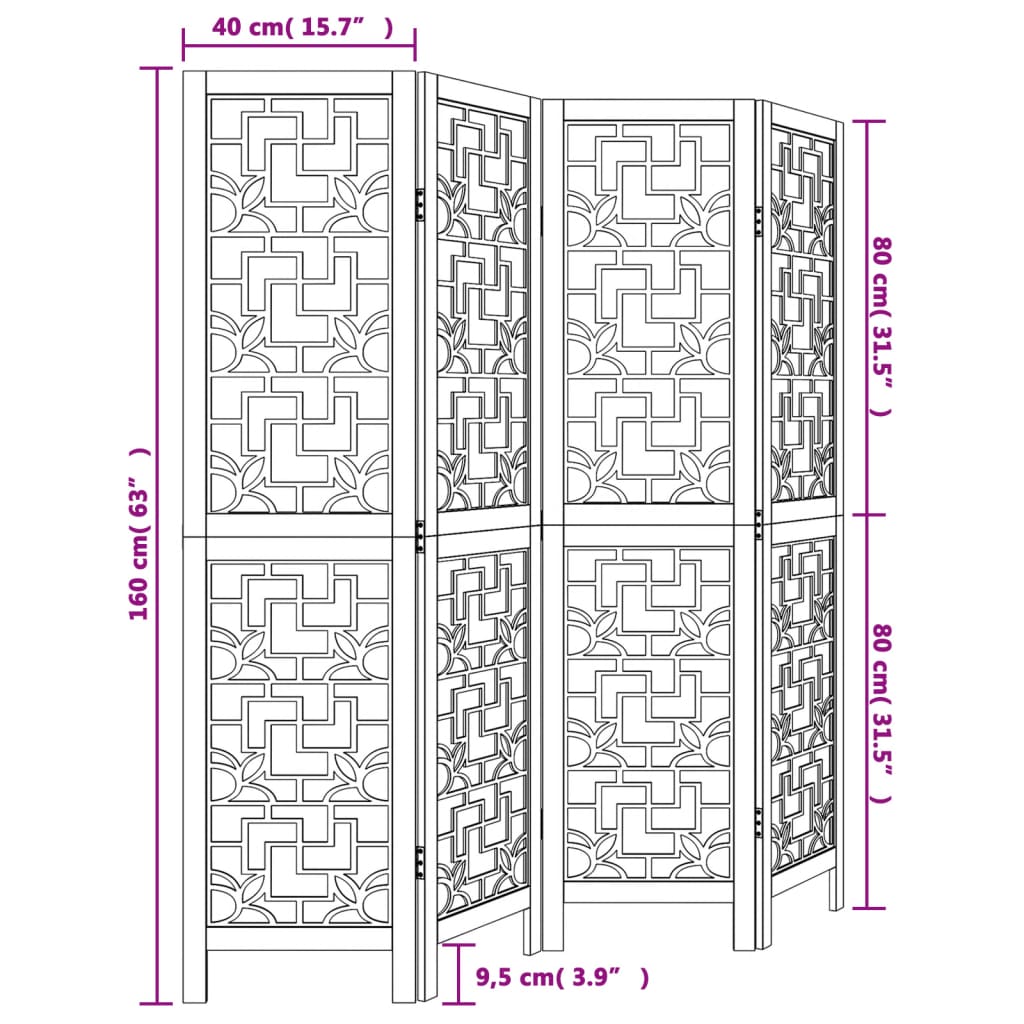 Kamerscherm met 4 panelen massief paulowniahout bruin