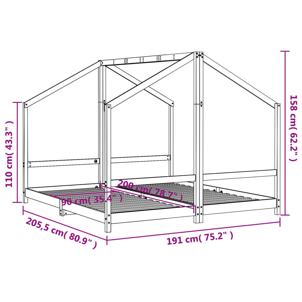 Kinderbedframe 2x(90x190) cm massief grenenhout