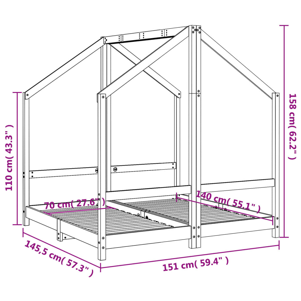 Kinderbedframe 2x(90x190) cm massief grenenhout