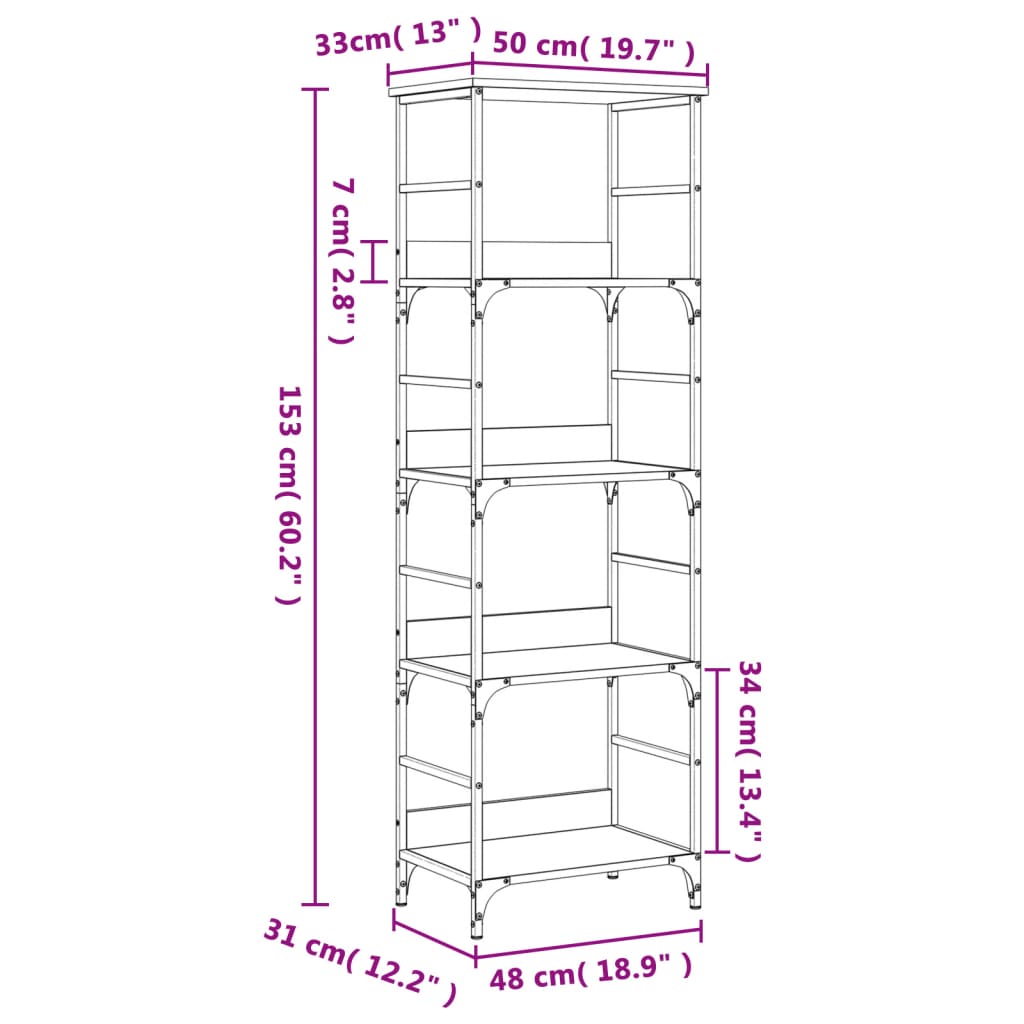 Boekenrek 50x33x82 cm bewerkt hout eikenkleurig