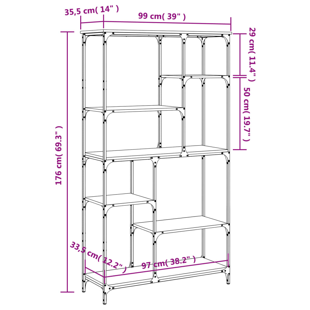 Boekenrek 81x36x115 cm bewerkt hout en staal eikenkleur