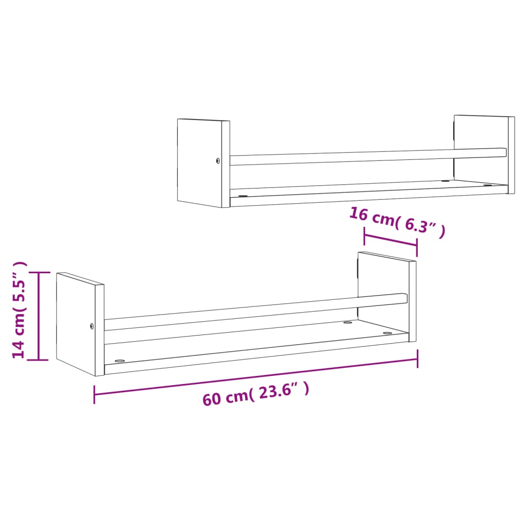 Wandschappen met stangen 2 st 60x16x14 cm eikenkleurig