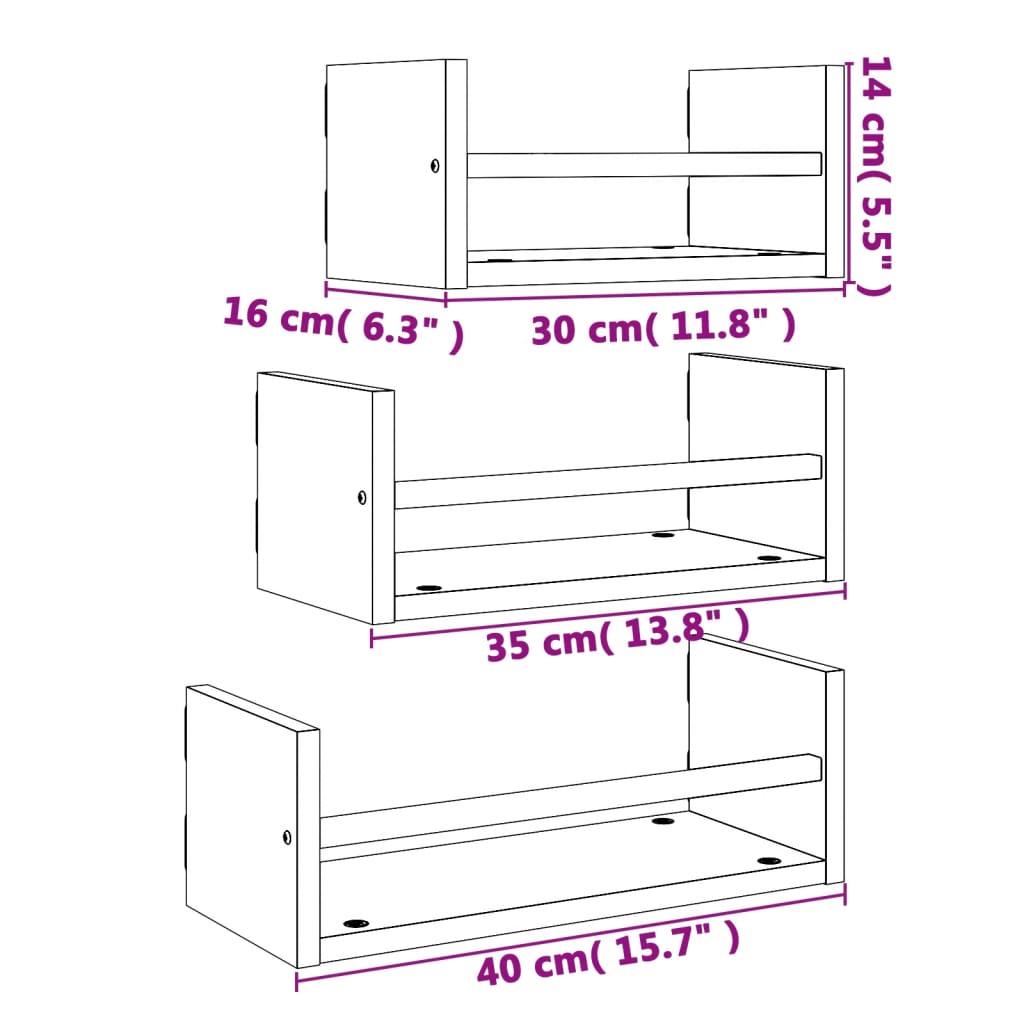 3-delige Wandschappenset met stangen bewerkt hout