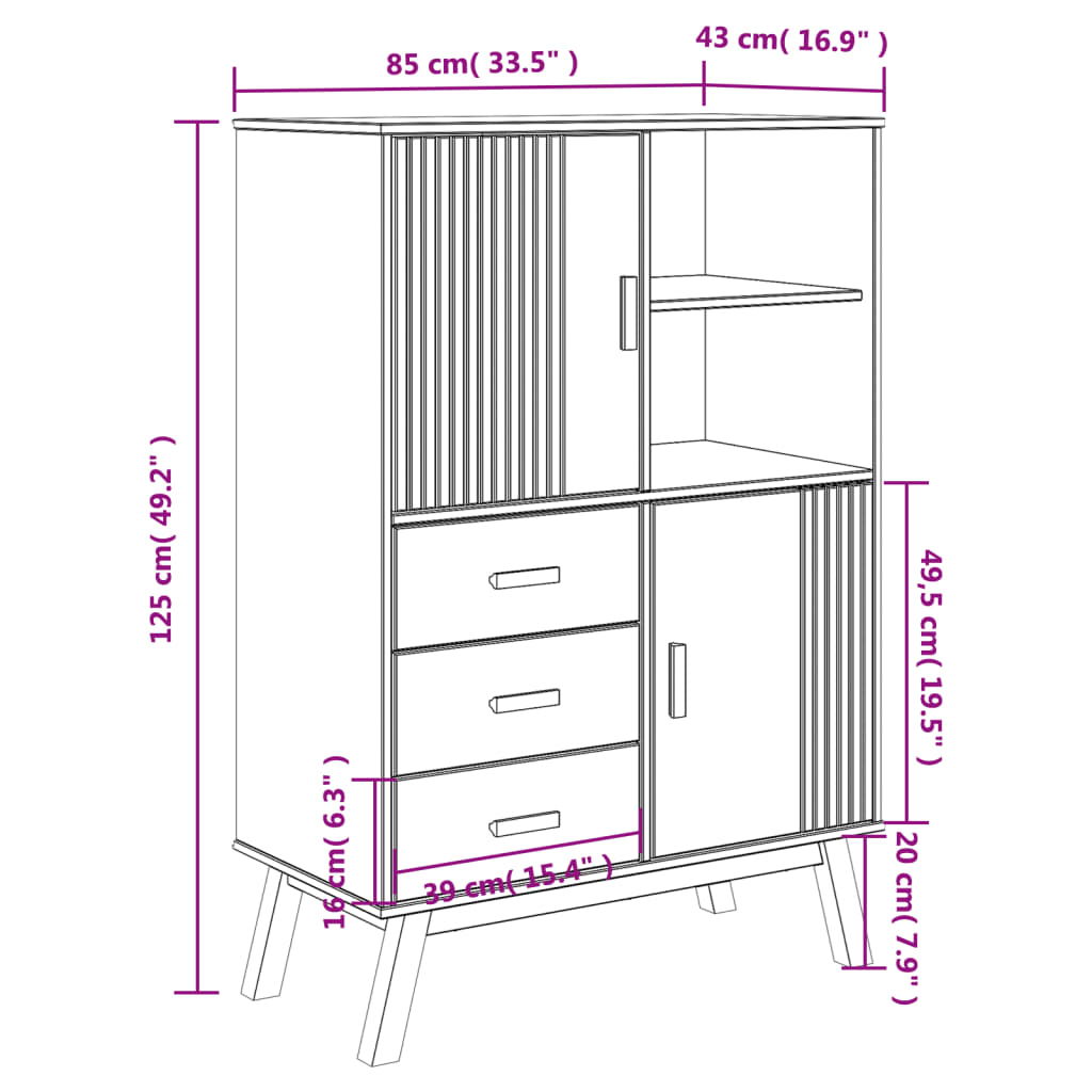 Hoge kast OLDEN 85x43x125 cm massief grenenhout en