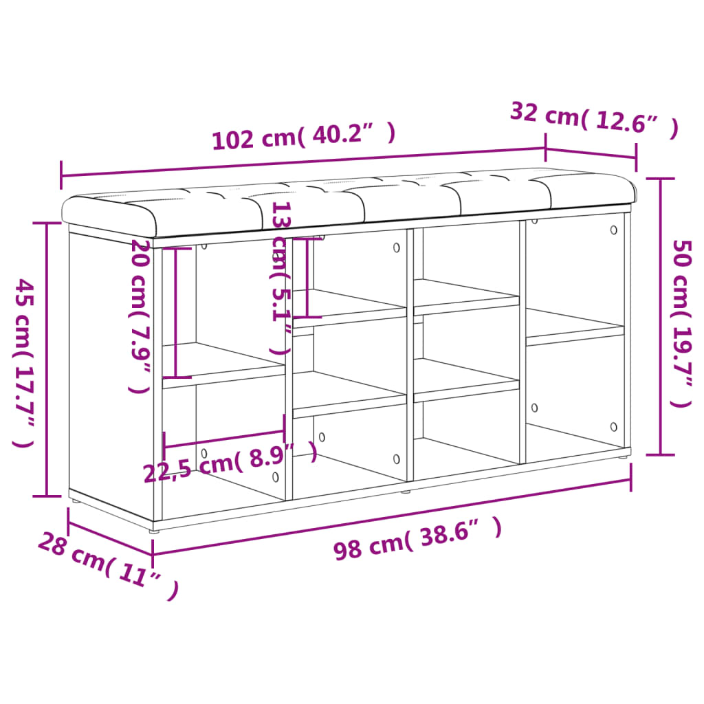 Schoenenbank 102x32x50 cm bewerkt hout eikenkleurig