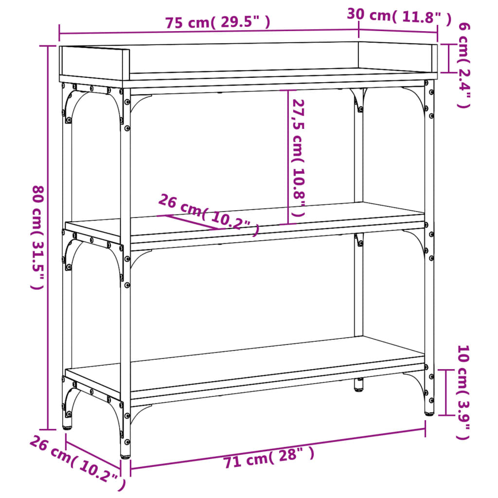 Wandtafel met schappen 75x30x80 cm grijs sonoma eikenkleurig