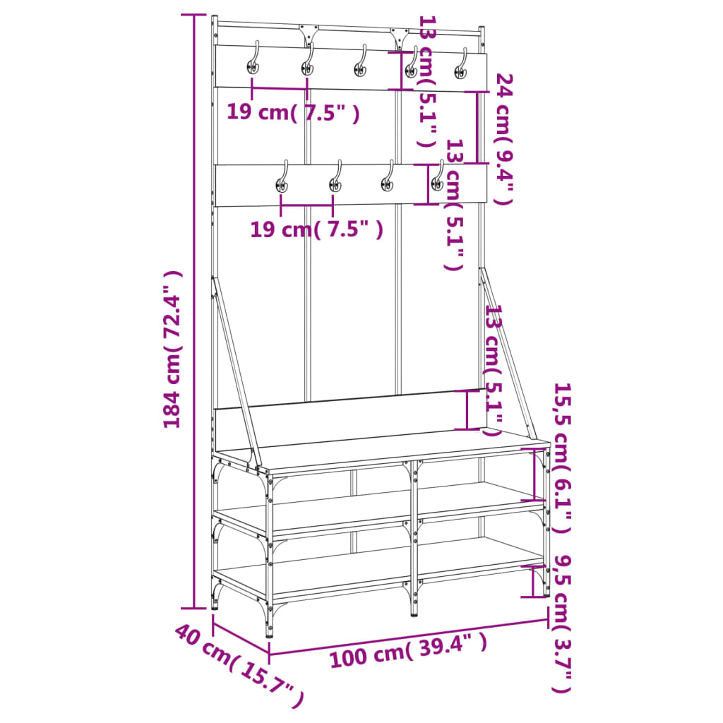 Kledingrek met schoenenrek 100x40x184 cm eikenkleurig