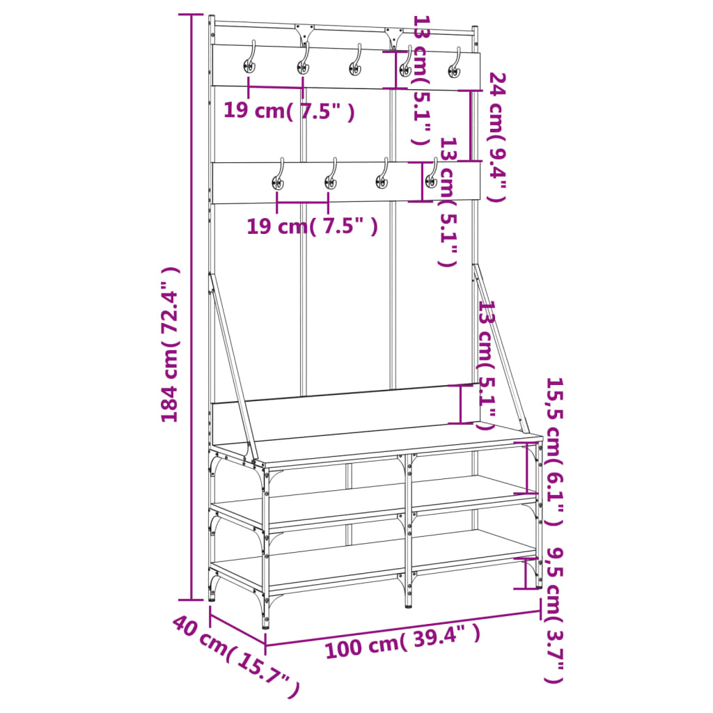 Kledingrek met schoenenrek 100x40x184 cm eikenkleurig