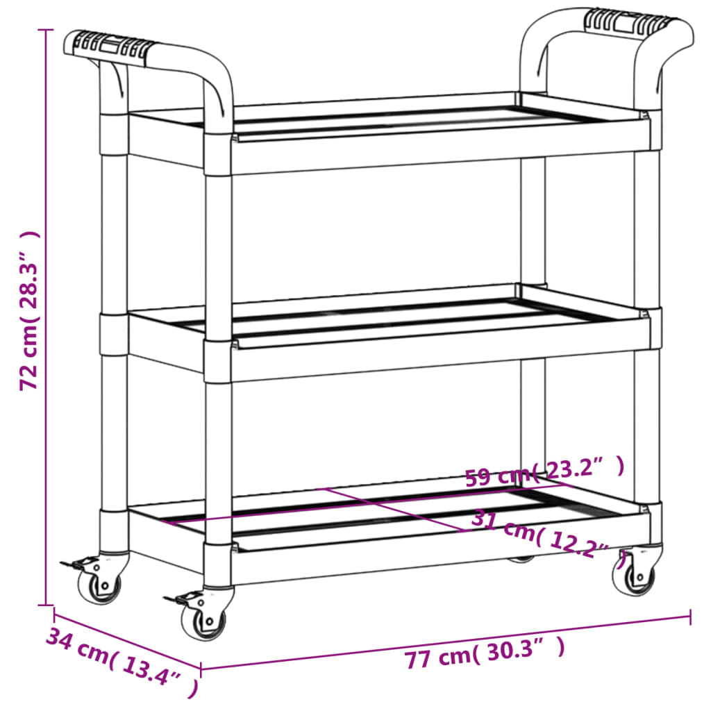 Trolley 3-laags 77x34x72 cm aluminium