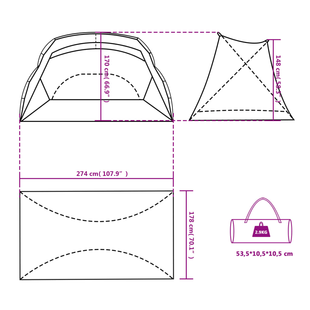 Strandtent 274x178x170/148 cm 185T polyester azuurblauw