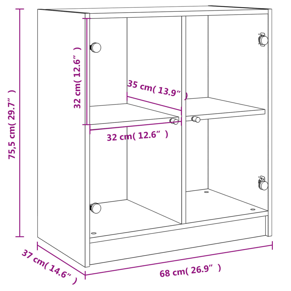 Bijzetkast met glazen deuren 68x37x75,5 cm