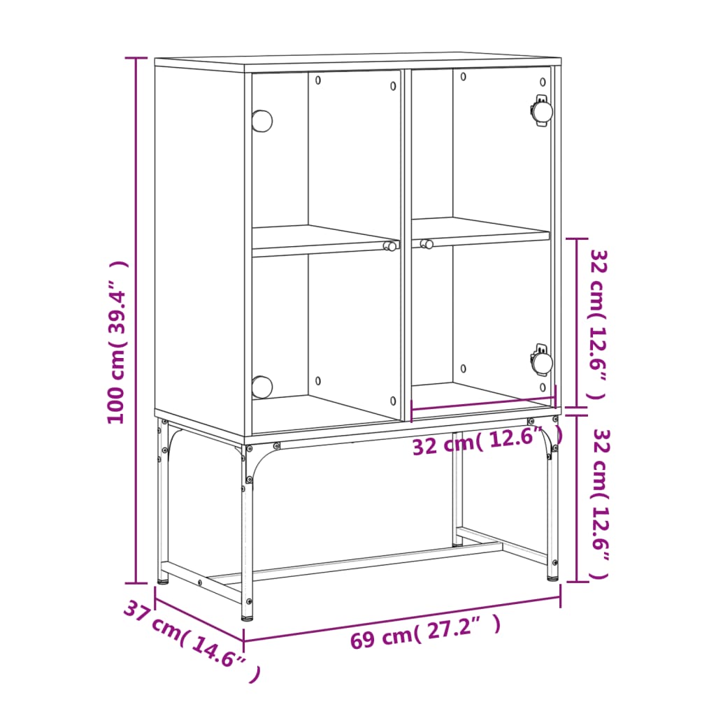 Bijzetkast met glazen deuren 69x37x100 cm eikenkleurig